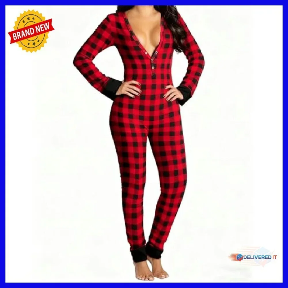 Women's Long Sleeve V-Neck Jumpsuit Pajamas with Drop Seat Butt Flap